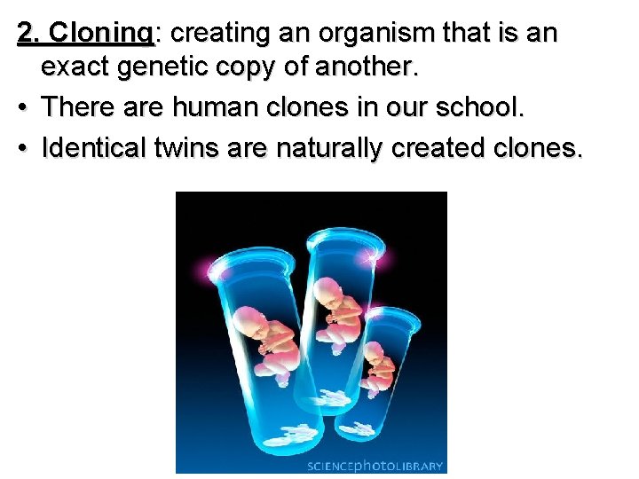 2. Cloning: creating an organism that is an exact genetic copy of another. •