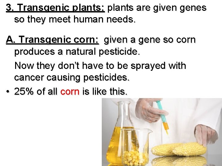 3. Transgenic plants: plants are given genes so they meet human needs. A. Transgenic