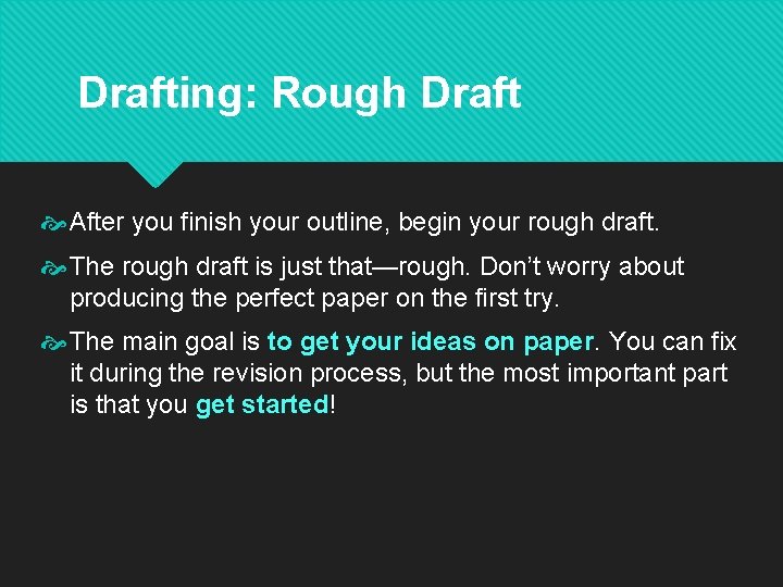 Drafting: Rough Draft After you finish your outline, begin your rough draft. The rough