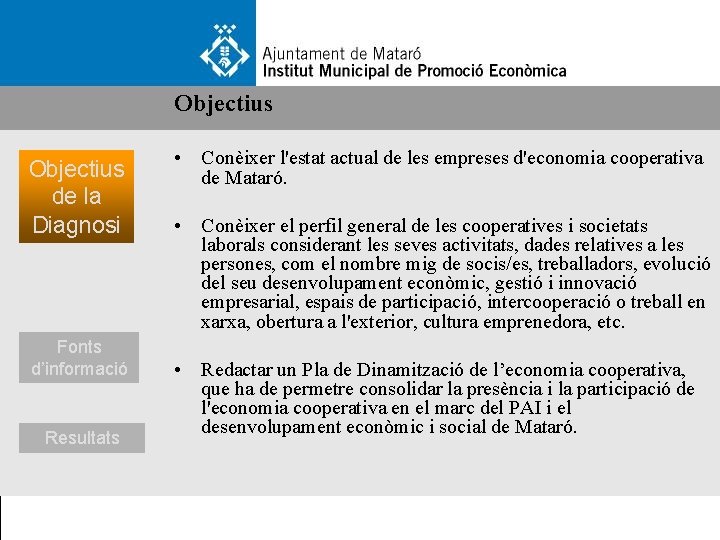 Objectius de la Diagnosi Fonts d’informació Resultats • Conèixer l'estat actual de les empreses