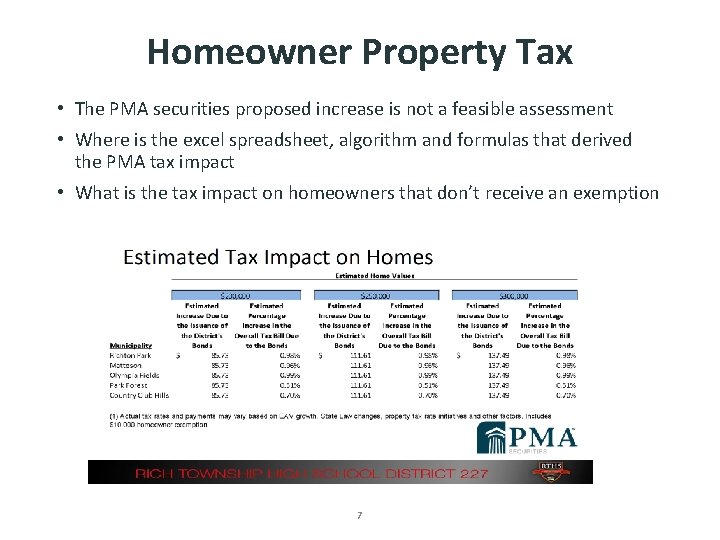 Homeowner Property Tax • The PMA securities proposed increase is not a feasible assessment