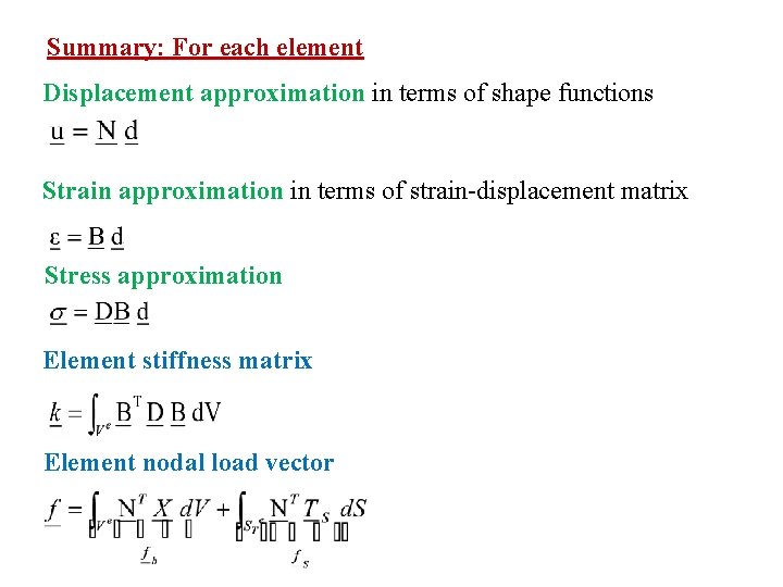 Summary: For each element Displacement approximation in terms of shape functions Strain approximation in