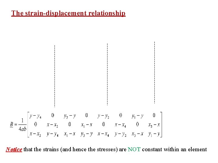 The strain-displacement relationship Notice that the strains (and hence the stresses) are NOT constant