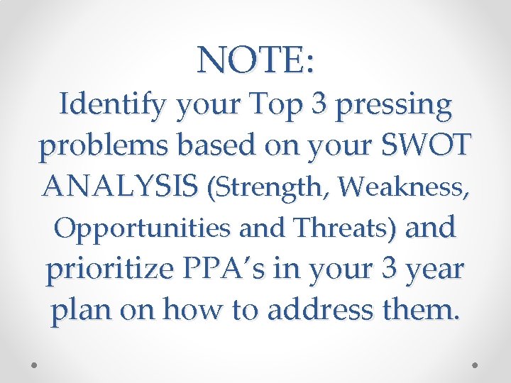 NOTE: Identify your Top 3 pressing problems based on your SWOT ANALYSIS (Strength, Weakness,