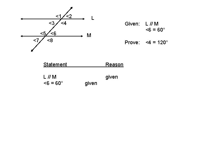 <1 <2 <3 <4 <5 <6 <7 <8 L Given: L // M <6