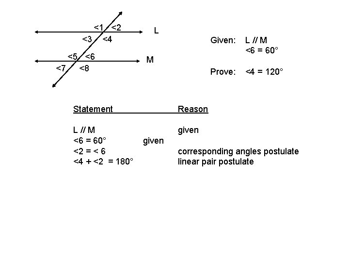 <1 <2 <3 <4 <5 <6 <7 <8 L Given: L // M <6