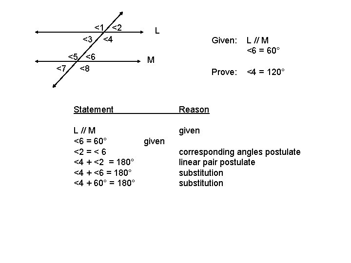 <1 <2 <3 <4 <5 <6 <7 <8 L Given: L // M <6