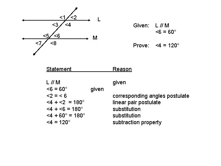 <1 <2 <3 <4 <5 <6 <7 <8 L Given: L // M <6
