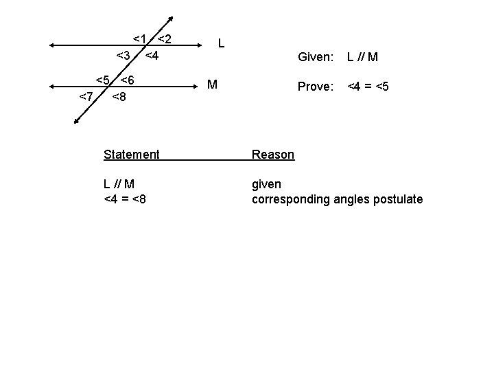 <1 <2 <3 <4 <5 <6 <7 <8 L M Given: L // M
