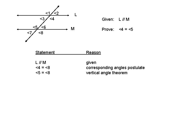 <1 <2 <3 <4 <5 <6 <7 <8 L M Given: L // M