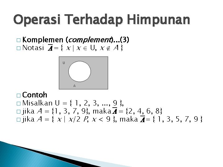 Operasi Terhadap Himpunan (complement). . . (3) � Notasi : = { x x