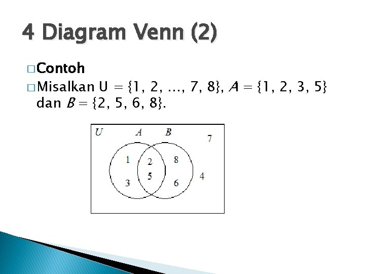 4 Diagram Venn (2) � Contoh U = {1, 2, …, 7, 8}, A