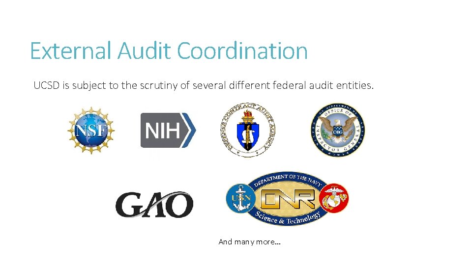 External Audit Coordination UCSD is subject to the scrutiny of several different federal audit