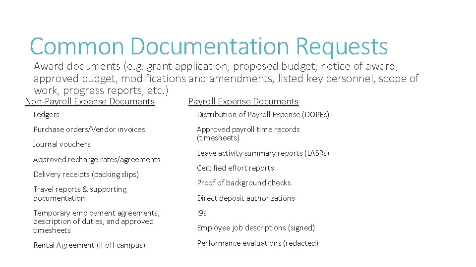 Common Documentation Requests Award documents (e. g. grant application, proposed budget, notice of award,