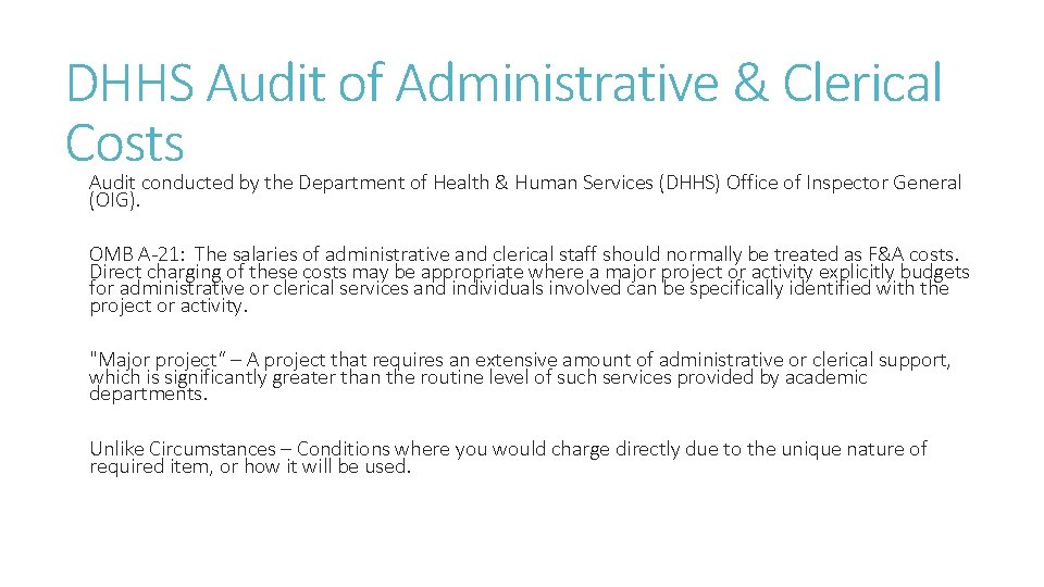 DHHS Audit of Administrative & Clerical Costs Audit conducted by the Department of Health