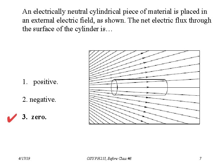 An electrically neutral cylindrical piece of material is placed in an external electric field,