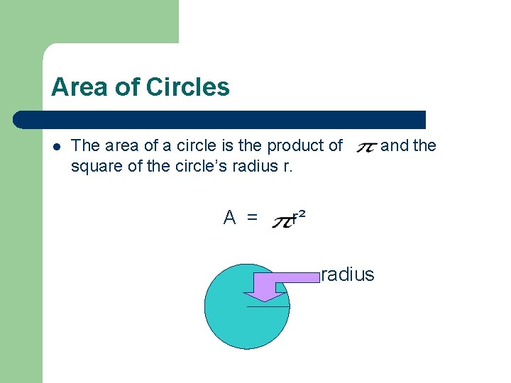 Area of Circles l The area of a circle is the product of square