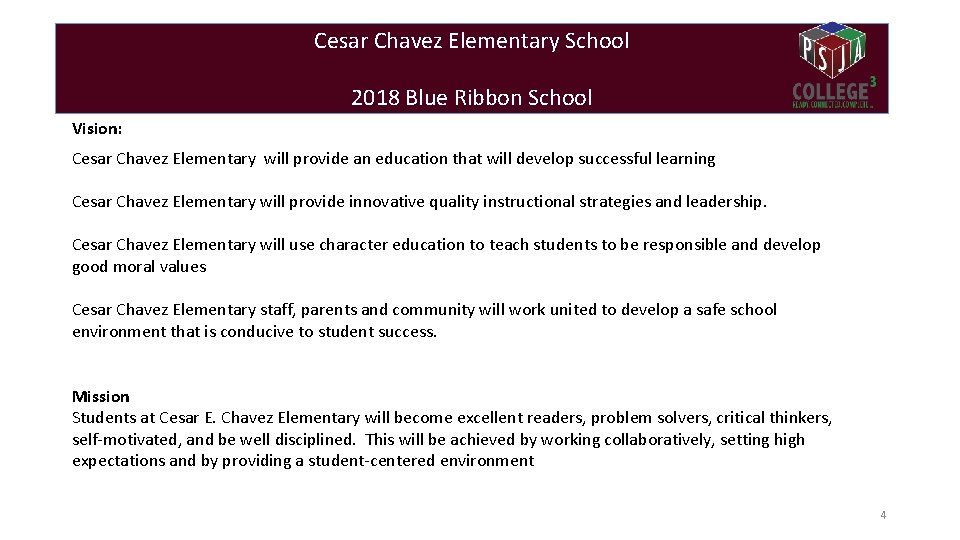 Cesar Chavez Elementary School 2018 Blue Ribbon School Vision: Cesar Chavez Elementary will provide