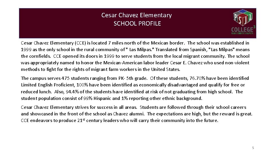 Cesar Chavez Elementary SCHOOL PROFILE Cesar Chavez Elementary (CCE) is located 7 miles north