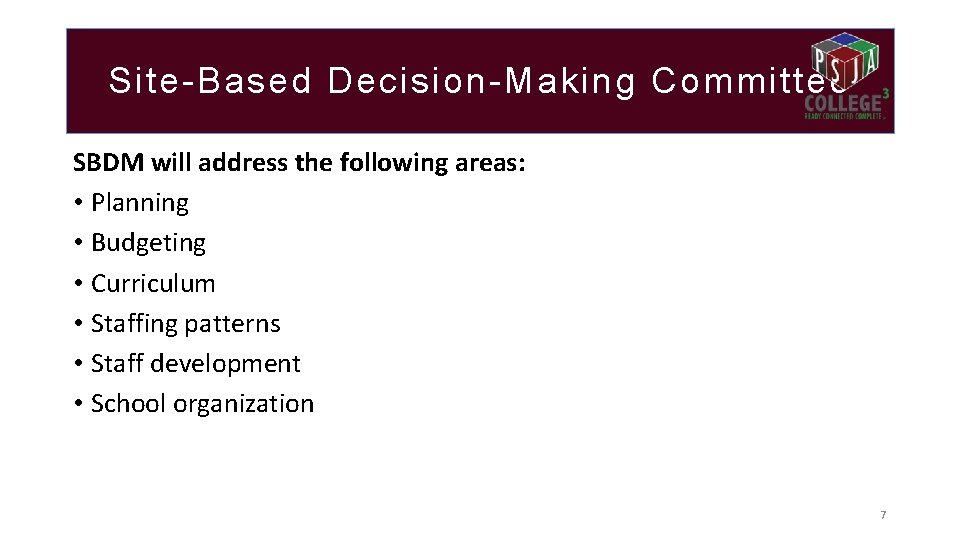 Site-Based Decision-Making Committee SBDM will address the following areas: • Planning • Budgeting •