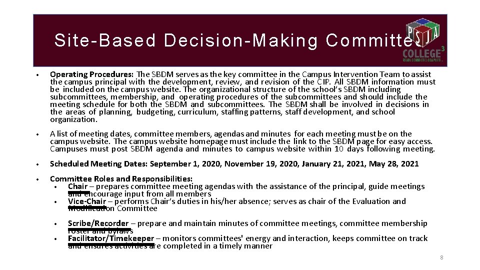 Site-Based Decision-Making Committee Operating Procedures: The SBDM serves as the key committee in the