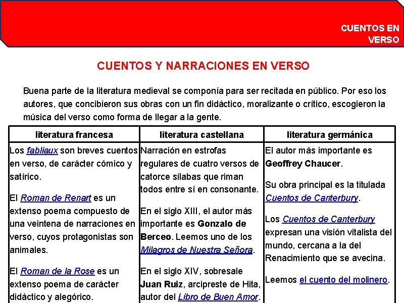 CUENTOS EN VERSO CUENTOS Y NARRACIONES EN VERSO Buena parte de la literatura medieval