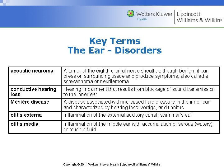 Key Terms The Ear - Disorders acoustic neuroma A tumor of the eighth cranial