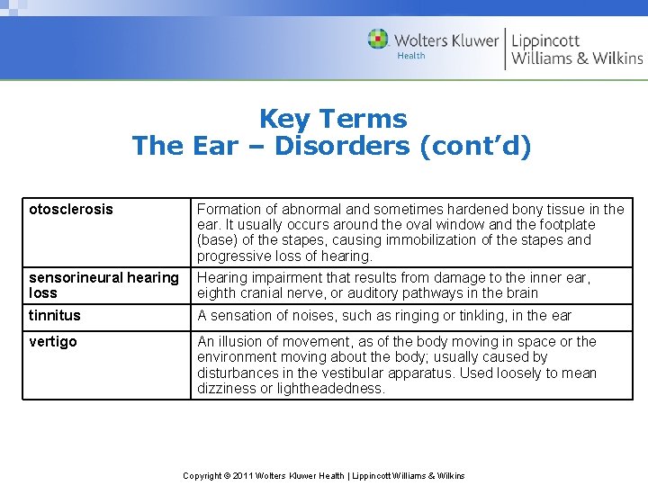 Key Terms The Ear – Disorders (cont’d) otosclerosis Formation of abnormal and sometimes hardened