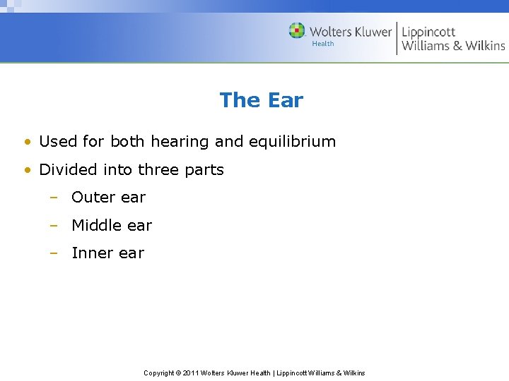 The Ear • Used for both hearing and equilibrium • Divided into three parts