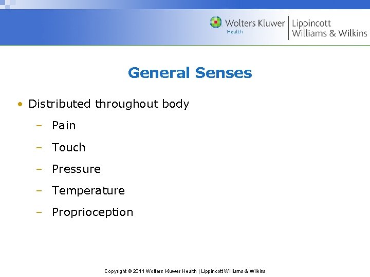 General Senses • Distributed throughout body – Pain – Touch – Pressure – Temperature