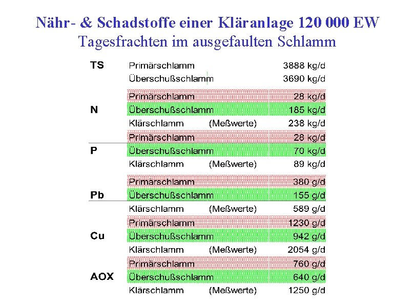 Nähr- & Schadstoffe einer Kläranlage 120 000 EW Tagesfrachten im ausgefaulten Schlamm 