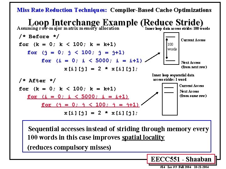 Miss Rate Reduction Techniques: Compiler-Based Cache Optimizations Loop Interchange Example (Reduce Stride) Assuming row-major