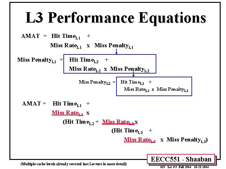 L 3 Performance Equations AMAT = Hit Time. L 1 + Miss Rate. L