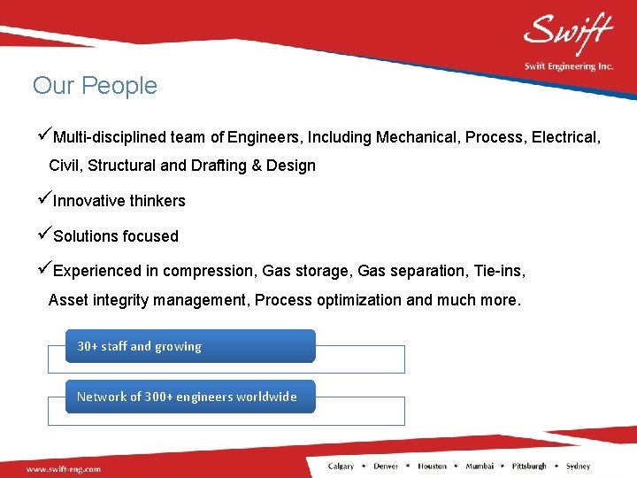 Our People üMulti-disciplined team of Engineers, Including Mechanical, Process, Electrical, Civil, Structural and Drafting
