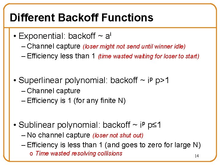 Different Backoff Functions • Exponential: backoff ~ ai – Channel capture (loser might not