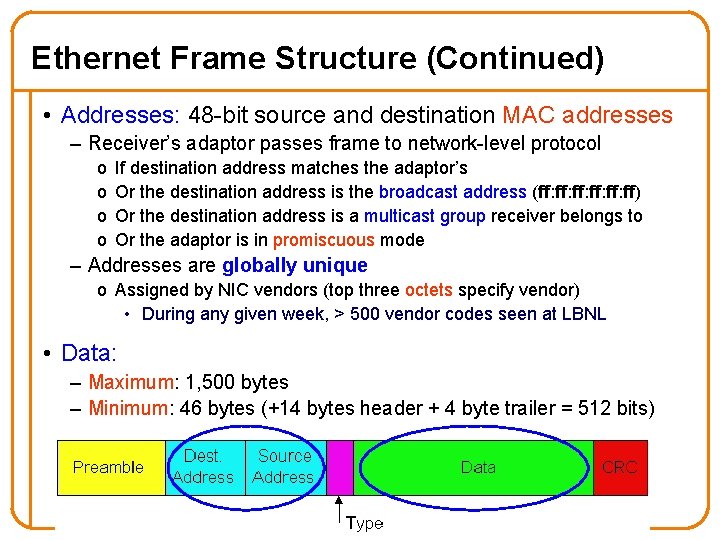 Ethernet Frame Structure (Continued) • Addresses: 48 -bit source and destination MAC addresses –