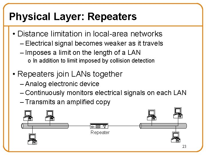 Physical Layer: Repeaters • Distance limitation in local-area networks – Electrical signal becomes weaker