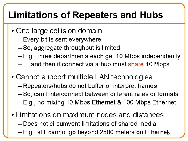 Limitations of Repeaters and Hubs • One large collision domain – Every bit is