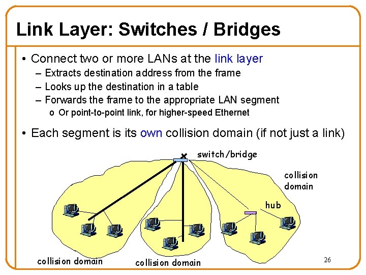 Link Layer: Switches / Bridges • Connect two or more LANs at the link