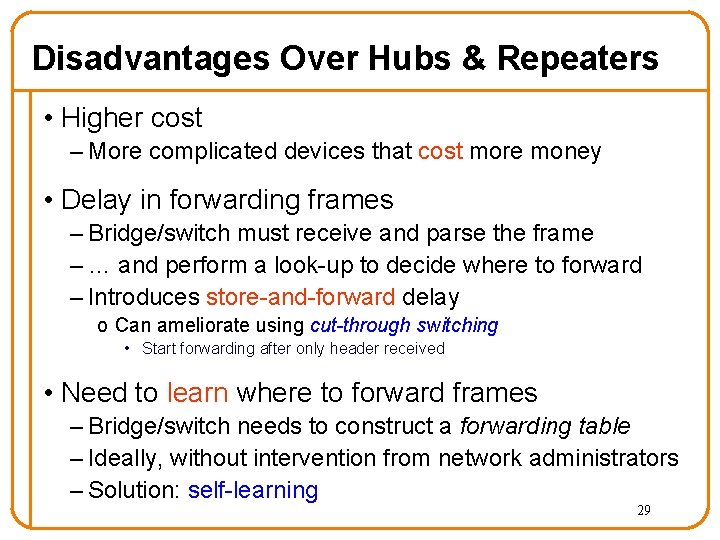 Disadvantages Over Hubs & Repeaters • Higher cost – More complicated devices that cost