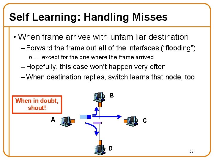 Self Learning: Handling Misses • When frame arrives with unfamiliar destination – Forward the