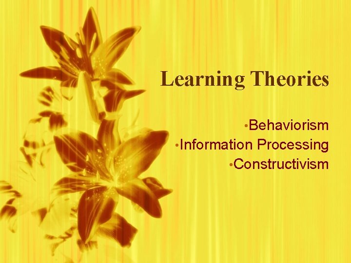 Learning Theories • Behaviorism • Information Processing • Constructivism 