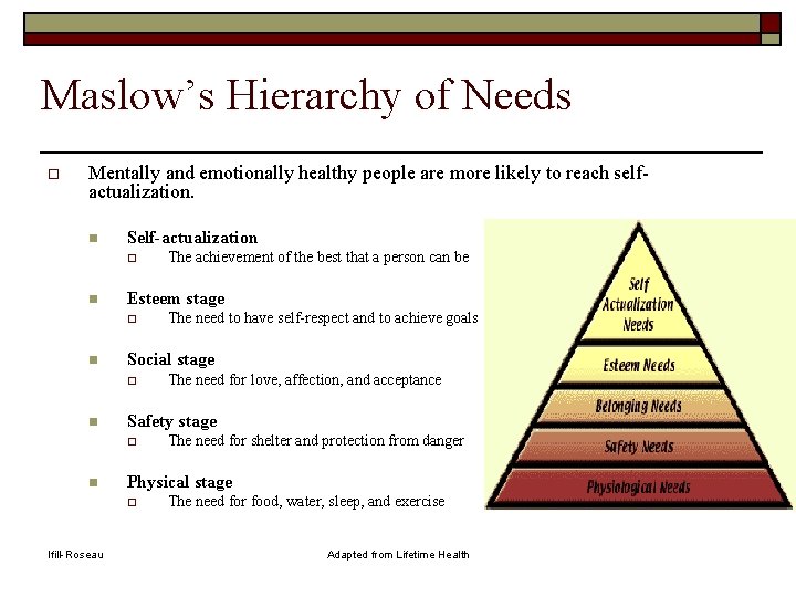 Maslow’s Hierarchy of Needs o Mentally and emotionally healthy people are more likely to