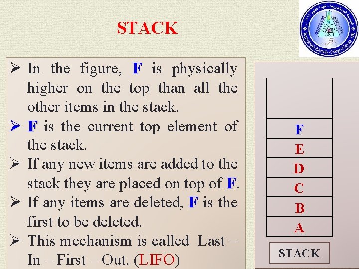 STACK Ø In the figure, F is physically higher on the top than all