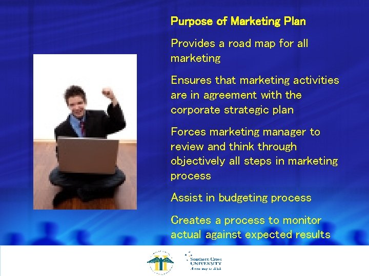 Purpose of Marketing Plan Provides a road map for all marketing Ensures that marketing