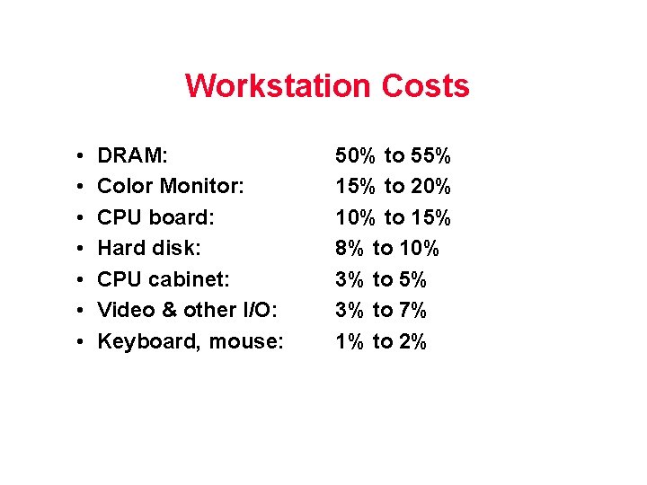 Workstation Costs • • DRAM: Color Monitor: CPU board: Hard disk: CPU cabinet: Video