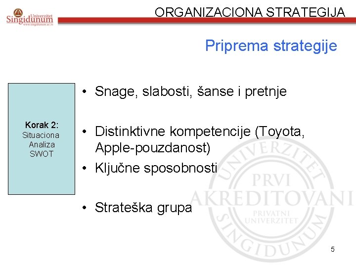 ORGANIZACIONA STRATEGIJA Priprema strategije • Snage, slabosti, šanse i pretnje Korak 2: Situaciona Analiza