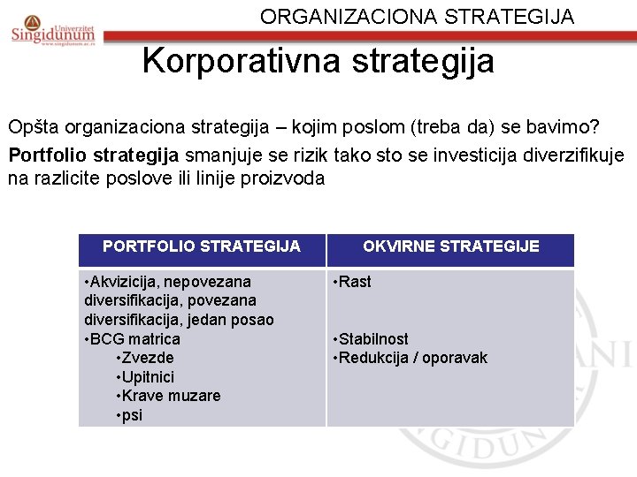 ORGANIZACIONA STRATEGIJA Korporativna strategija Opšta organizaciona strategija – kojim poslom (treba da) se bavimo?