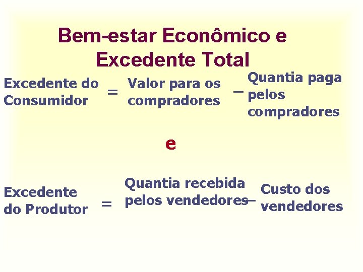 Bem-estar Econômico e Excedente Total Excedente do Consumidor = Valor para os _ Quantia