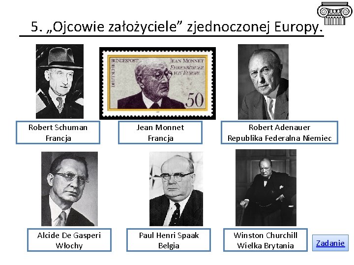 5. „Ojcowie założyciele” zjednoczonej Europy. Robert Schuman Francja Alcide De Gasperi Włochy Jean Monnet 5. „Ojcowie założyciele” zjednoczonej Europy. Robert Schuman Francja Alcide De Gasperi Włochy Jean Monnet